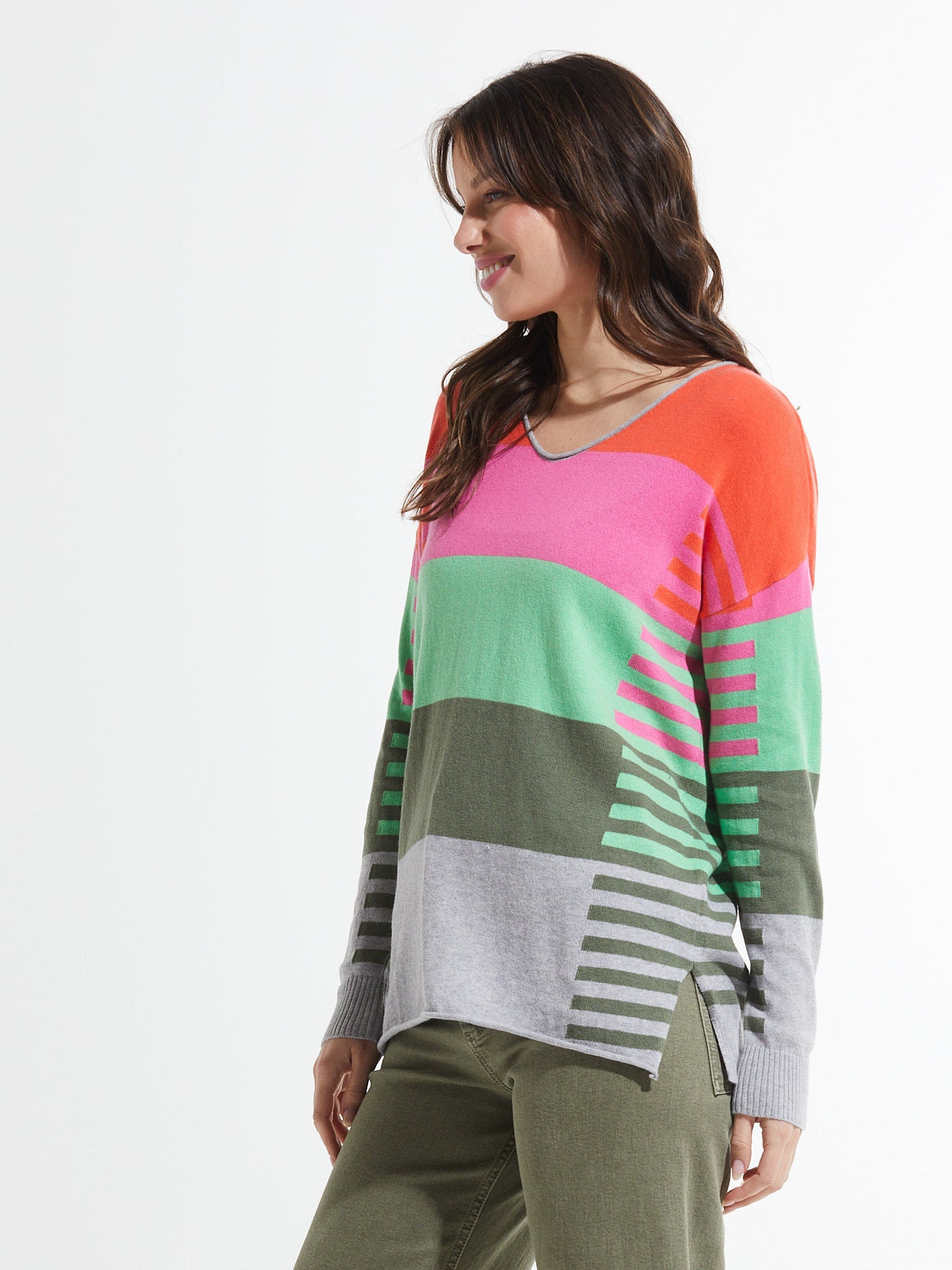 Varied Stripe V Sweater