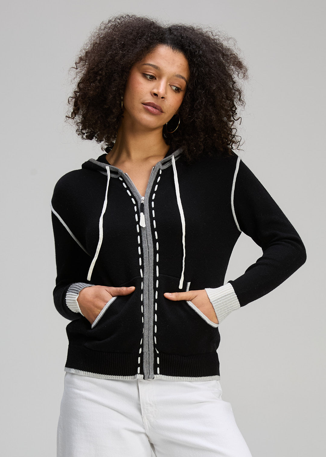 theredthread contrast zipknithoodiewh×bk Australian designed knitwear